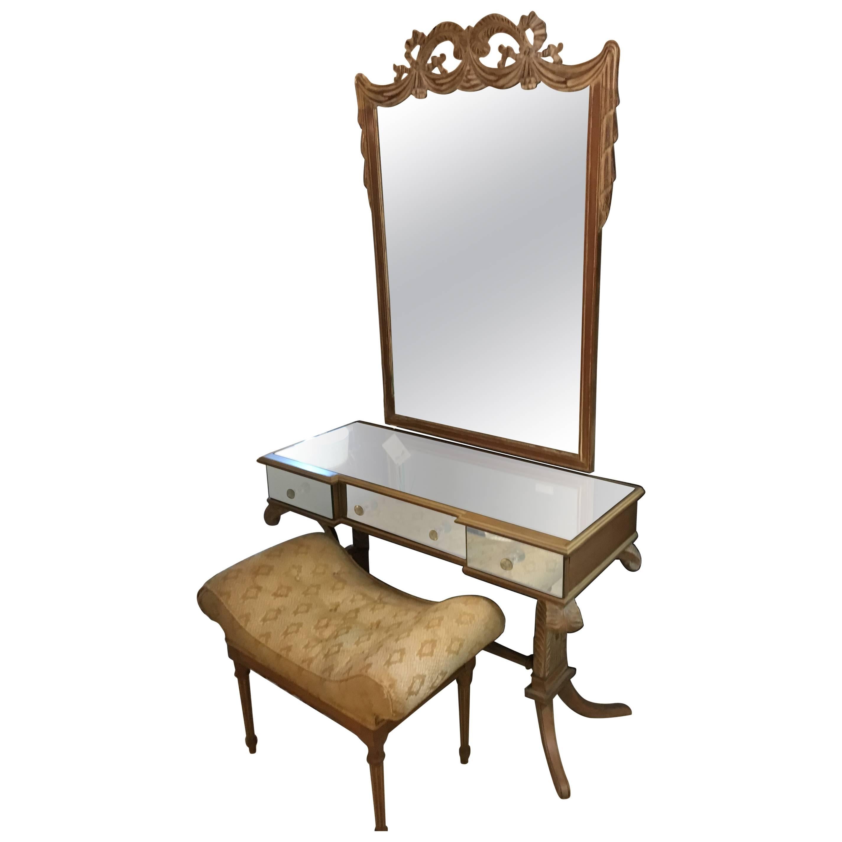 A Grosfeld House Style Drapery Form Mirror and Mirrored Vanity Desk