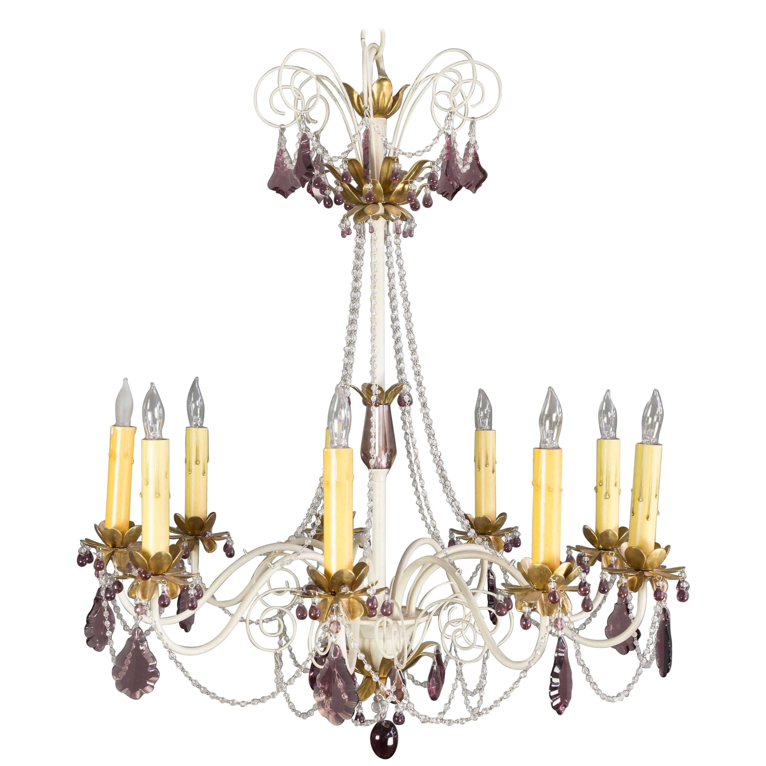 French 1960's Painted Metal Chandelier with Amethyst Colored Glass For Sale