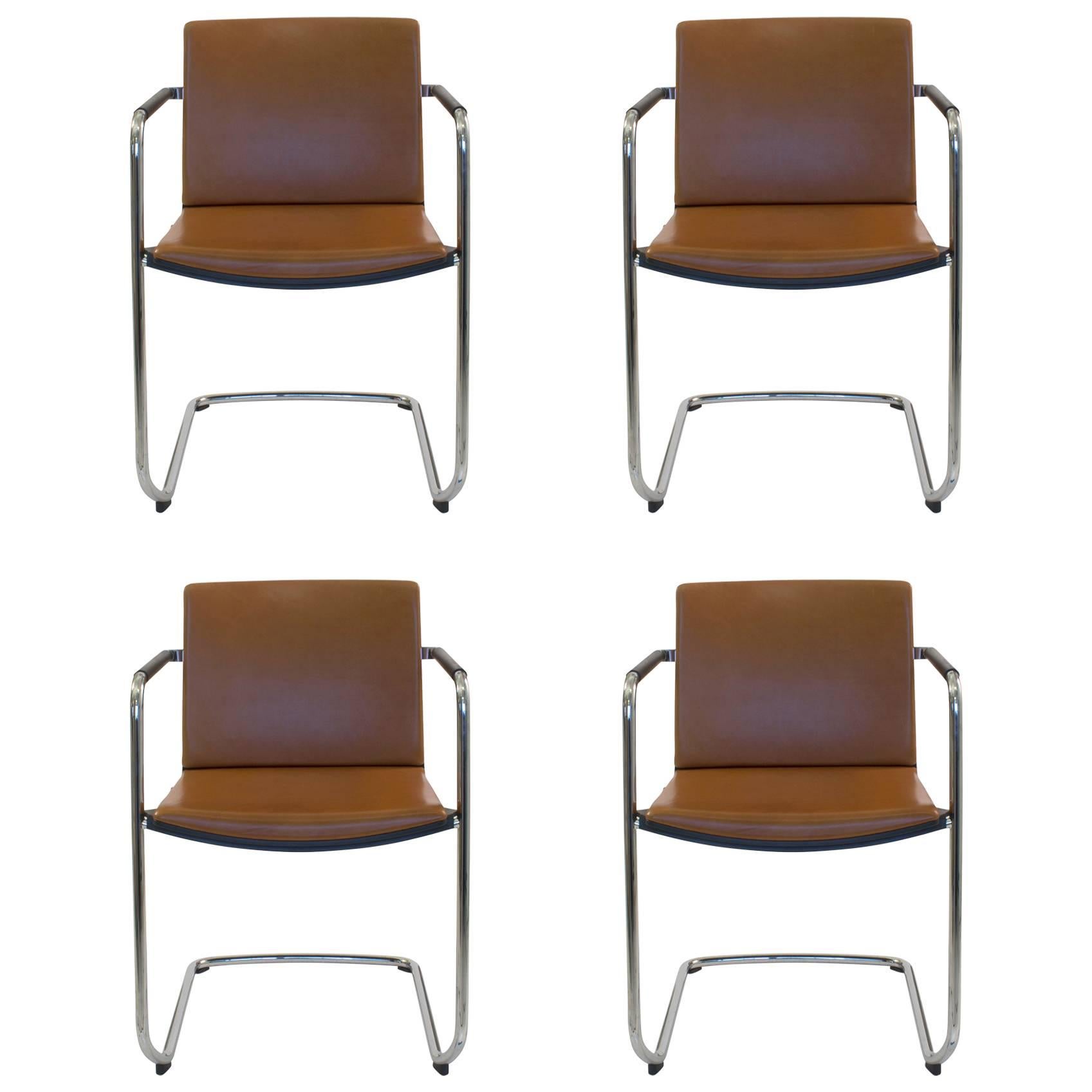 Four Brown Leather Neos 183/3 Cantilever Chair, Wiege for Wilkhahn Germany, Set For Sale