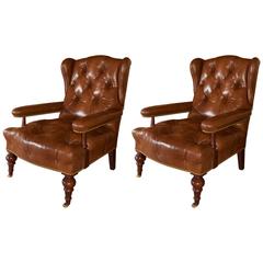 Pair of David Easton Tufted Leather Library Armchairs