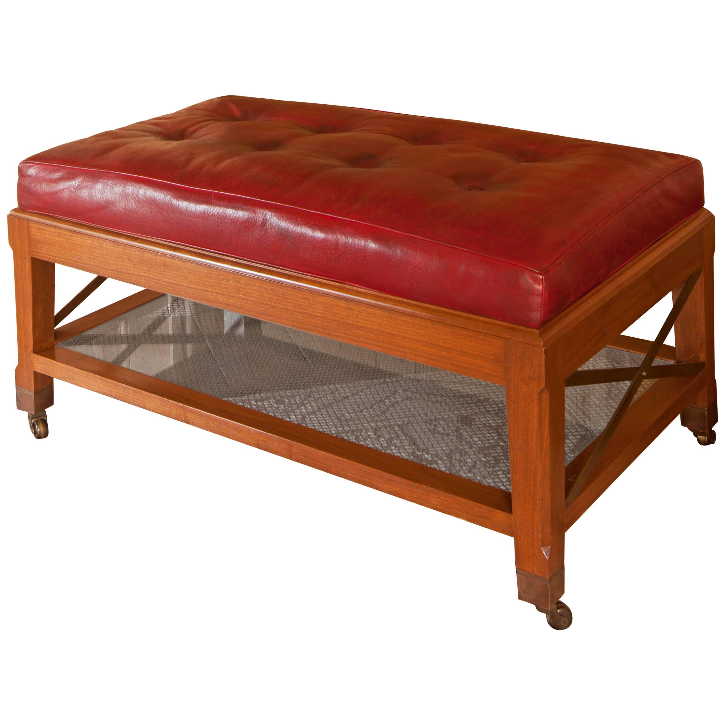 David Easton Walnut and Red Leather Ottoman Coffee Table