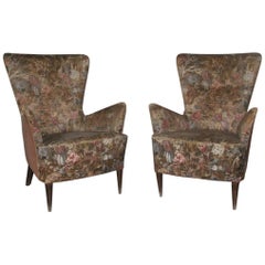 Pair of Italian Armchairs Design 1940 Flowers Fabric Geometric Shape Paolo Buffa