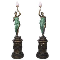Pair Huge Bronze Liberty Lady Lamps on Stands 11
