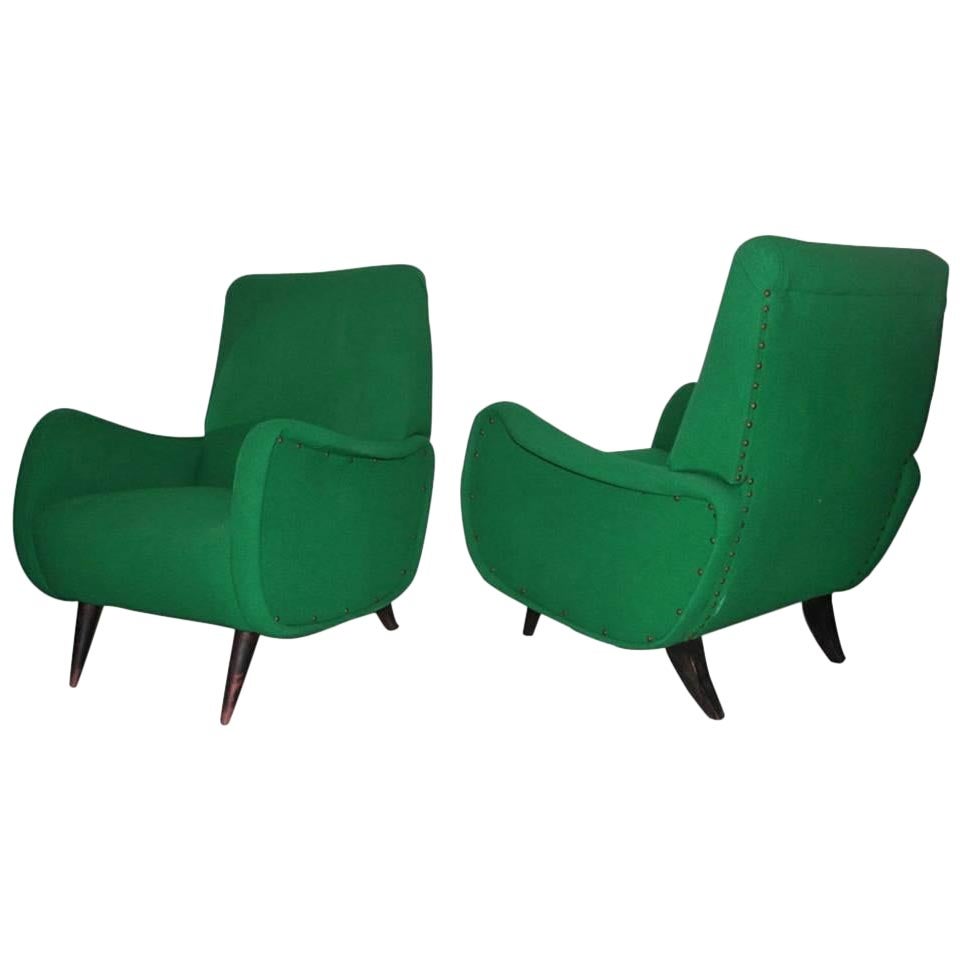 Pair of Italian Mid-Century Design Armchairs Green Wood Feat Paolo Buffa For Sale