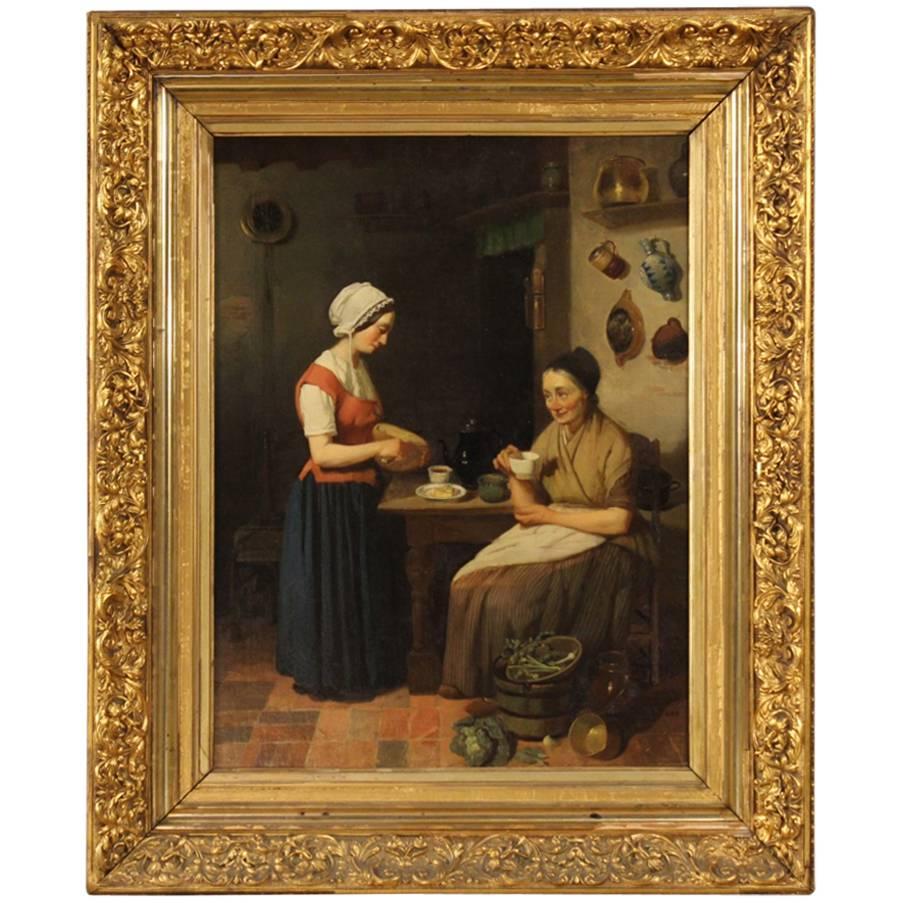 19th Century Dutch Interior Scene Painting Oil On Cardboard