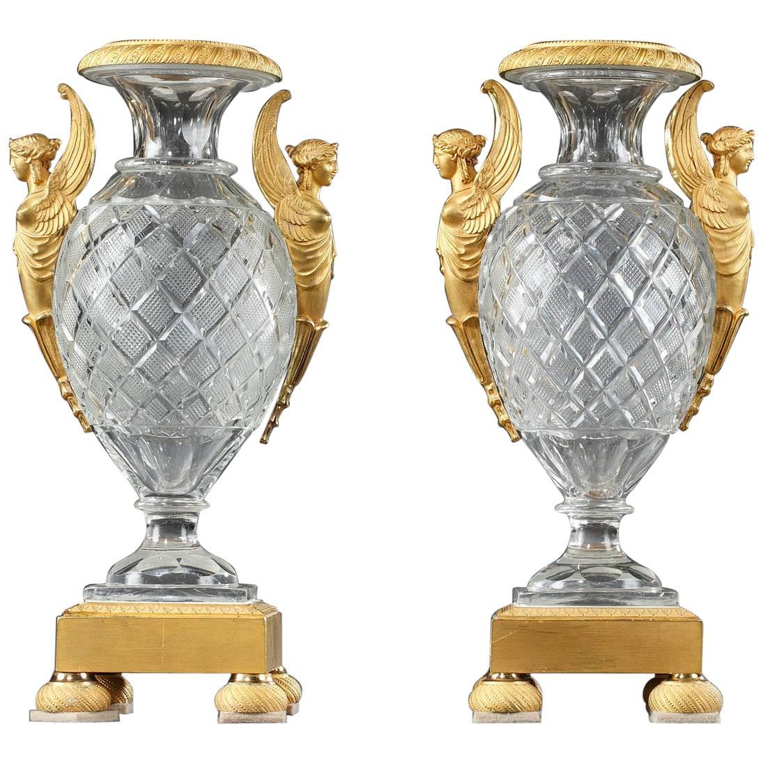 Pair of Charles X Cut Crystal and Ormolu Medici Vases