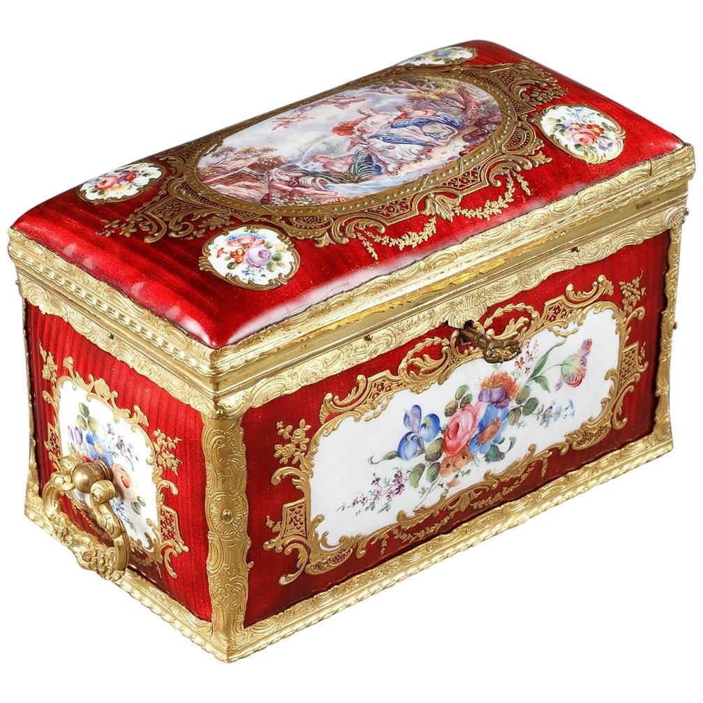 Mid-19th Century Red Enameled Keepsake Box with Mythological Scene