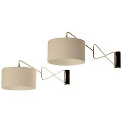 French Mid-Century Design Two Lunel Articulated Arm Lamps in Brass and Textile