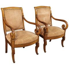 Antique 19th Century Pair of French Armchairs in Walnut Covered in Fabric