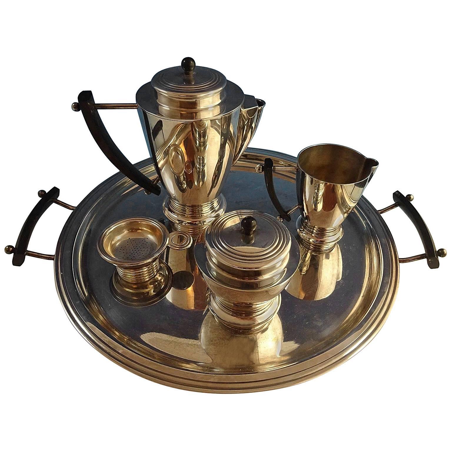 Christofle Art Deco Silver Plate Tea Set w Tray Ebony Handles 5-Piece Hollowware