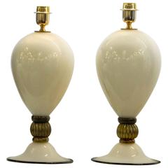 Pair of Veronese Lamps, Incamiciato Ivory with Black/Gold Accents, Alberto Donà 1