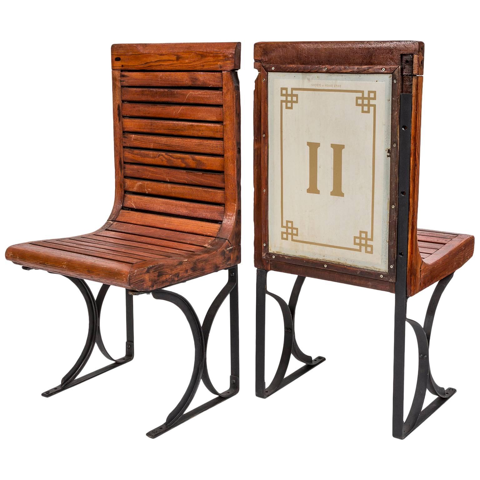 Pair of 1920s Second Class Paris Metro Chairs with Enamel Backing