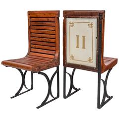 Rare Pair of 1920s Second Class Paris Metro Chairs with Enamel Backing 1