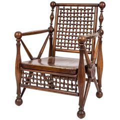 Antique Arts and Crafts Period Oak Lattice Fretworked Armchair