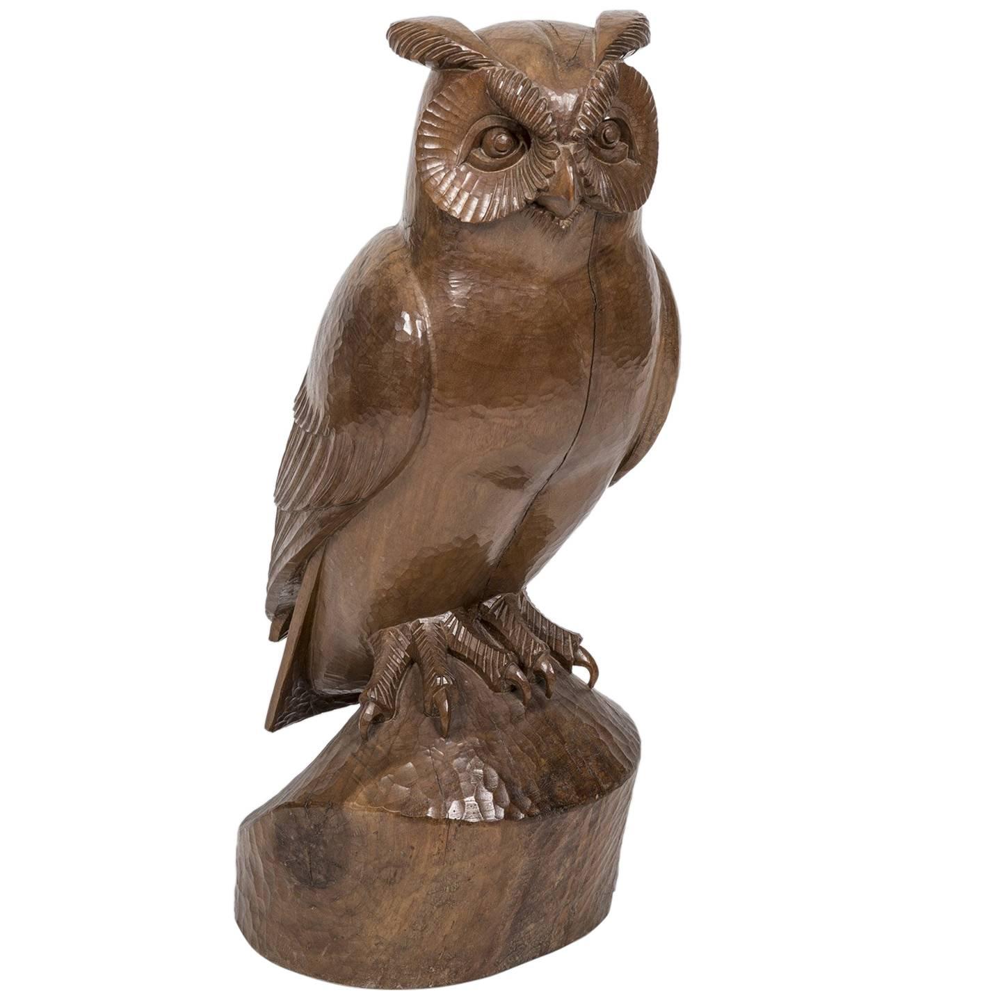 Owl "Hibou" Carved Rosewood Bird Sculpture by French Artist François Galoyer