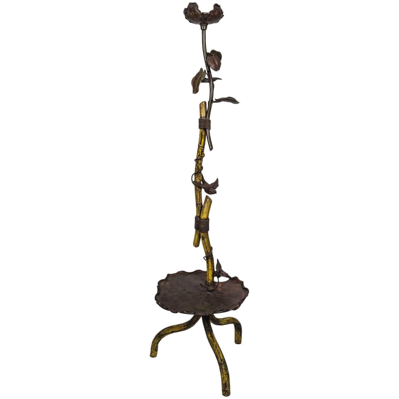 Bronze Art Nouveau Stand with Water Lily Leaf, Flower and Bird Decoration