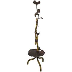 Antique Bronze Art Nouveau Stand with Water Lily Leaf, Flower and Bird Decoration