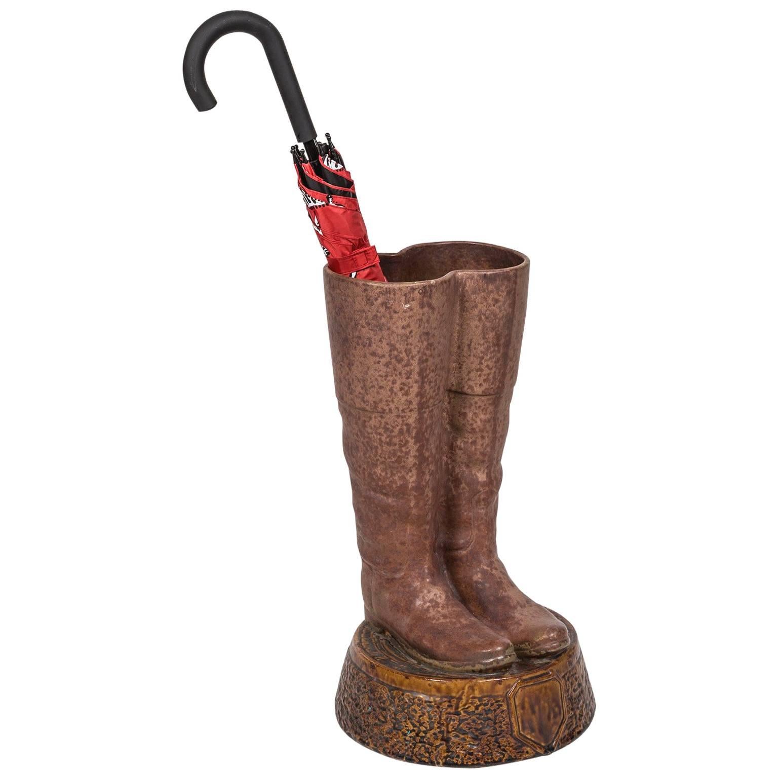 Antique Terra-Cotta Umbrella/Cane Stand in the Form a Pair of Riding Boots