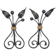 Pair of 1940s, French Forged and Gilt Flower Bunch Andirons