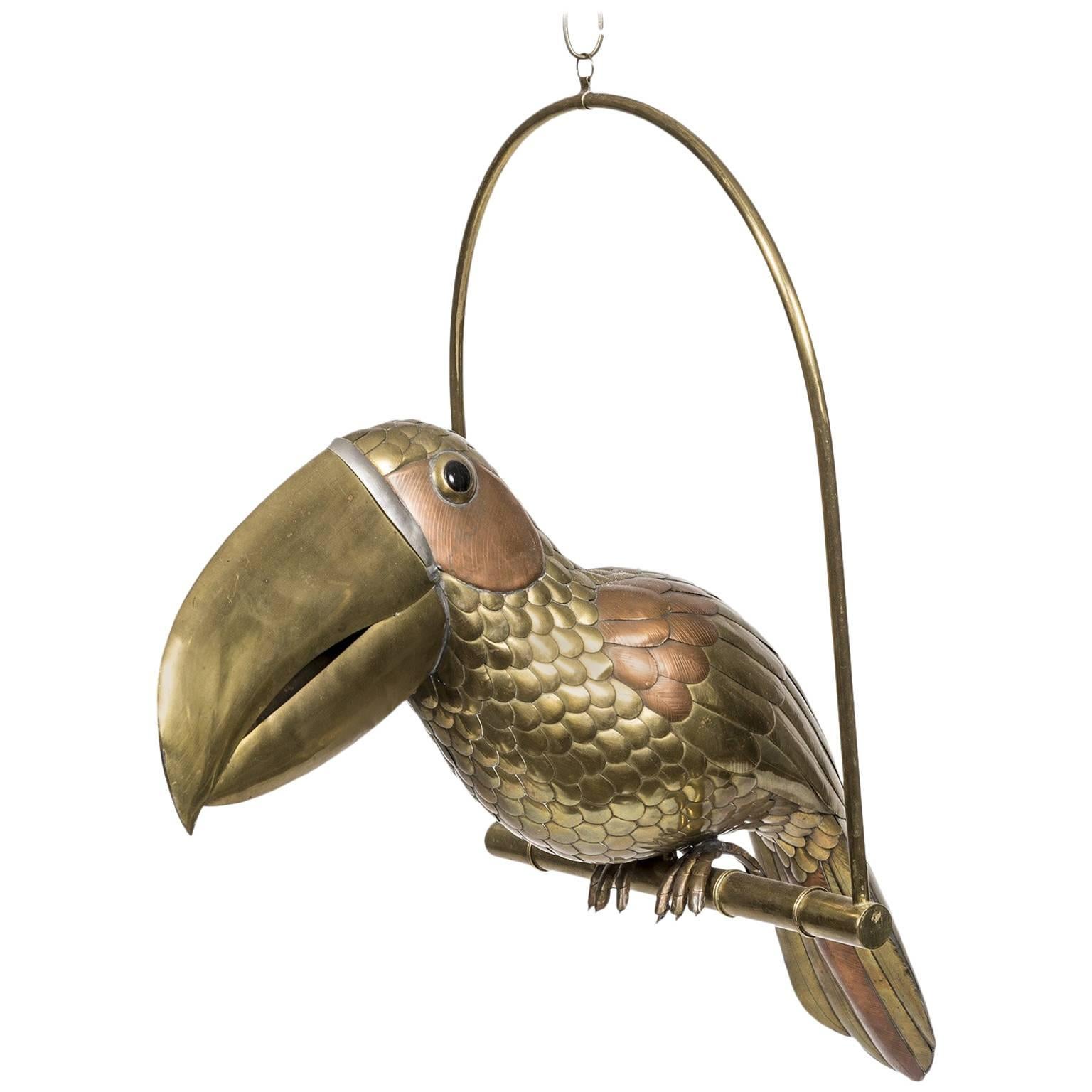 Sergio Bustamante Brass and Copper Perched Parrot Hanging Bird Sculpture