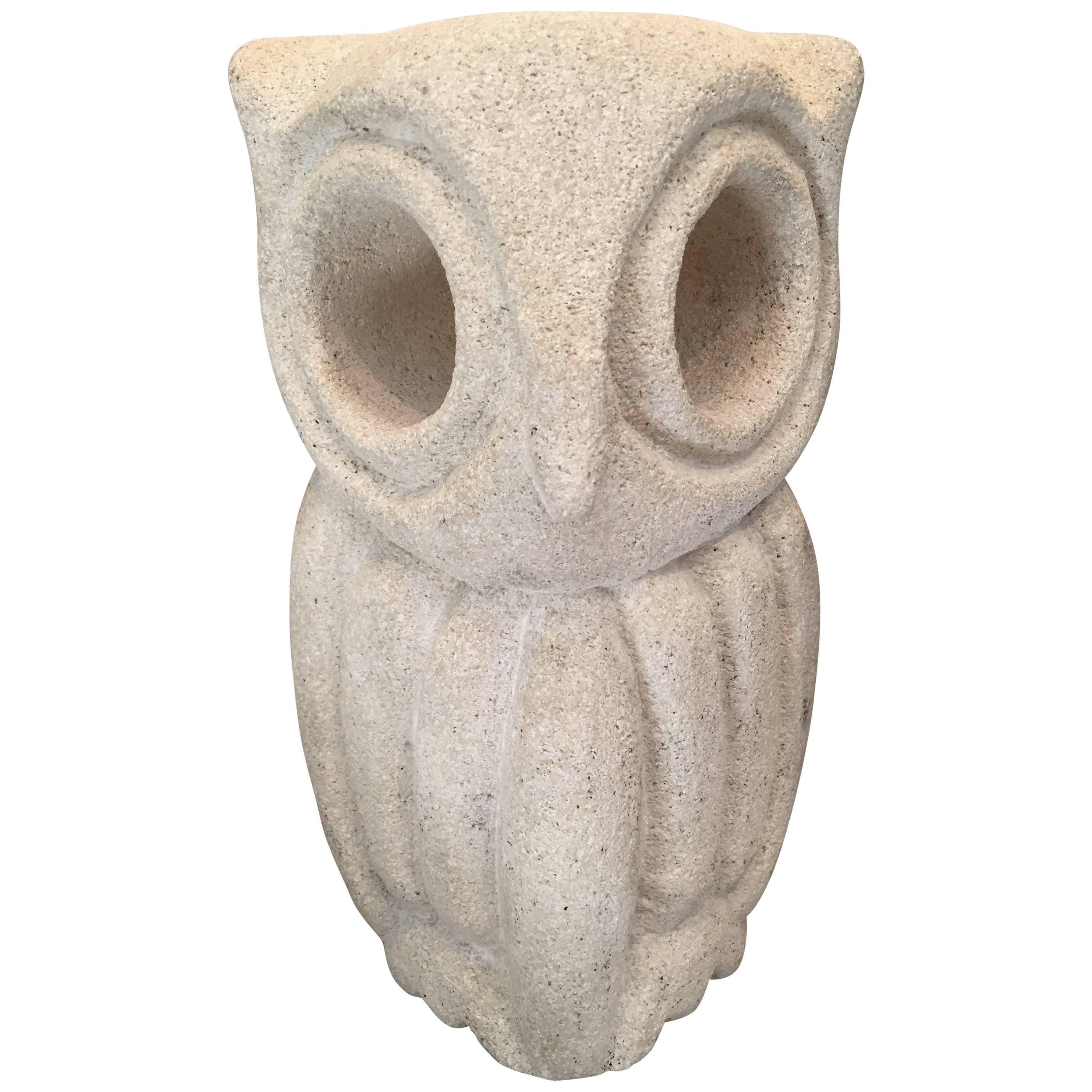 Lantern Owl Lamp Sculpted in Limestone and Signed by Albert Tormos, Electrified