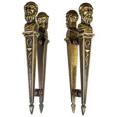 French 19th Century Brass Pharmacy Door Esculape Handles 'Greek God of Healing'