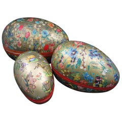  German Papier-Mâché Easter Holiday Egg-Shaped Ornament Candy Containers, S/3