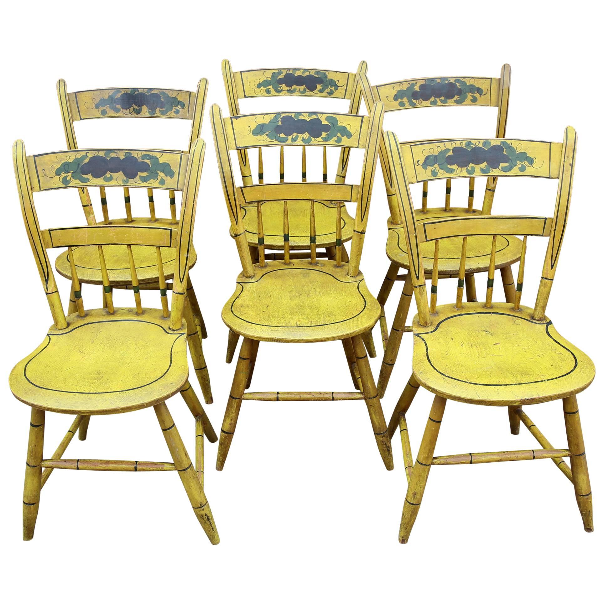 Set of Six Yellow Paint Decorated Chairs, New England, circa 1840 For Sale