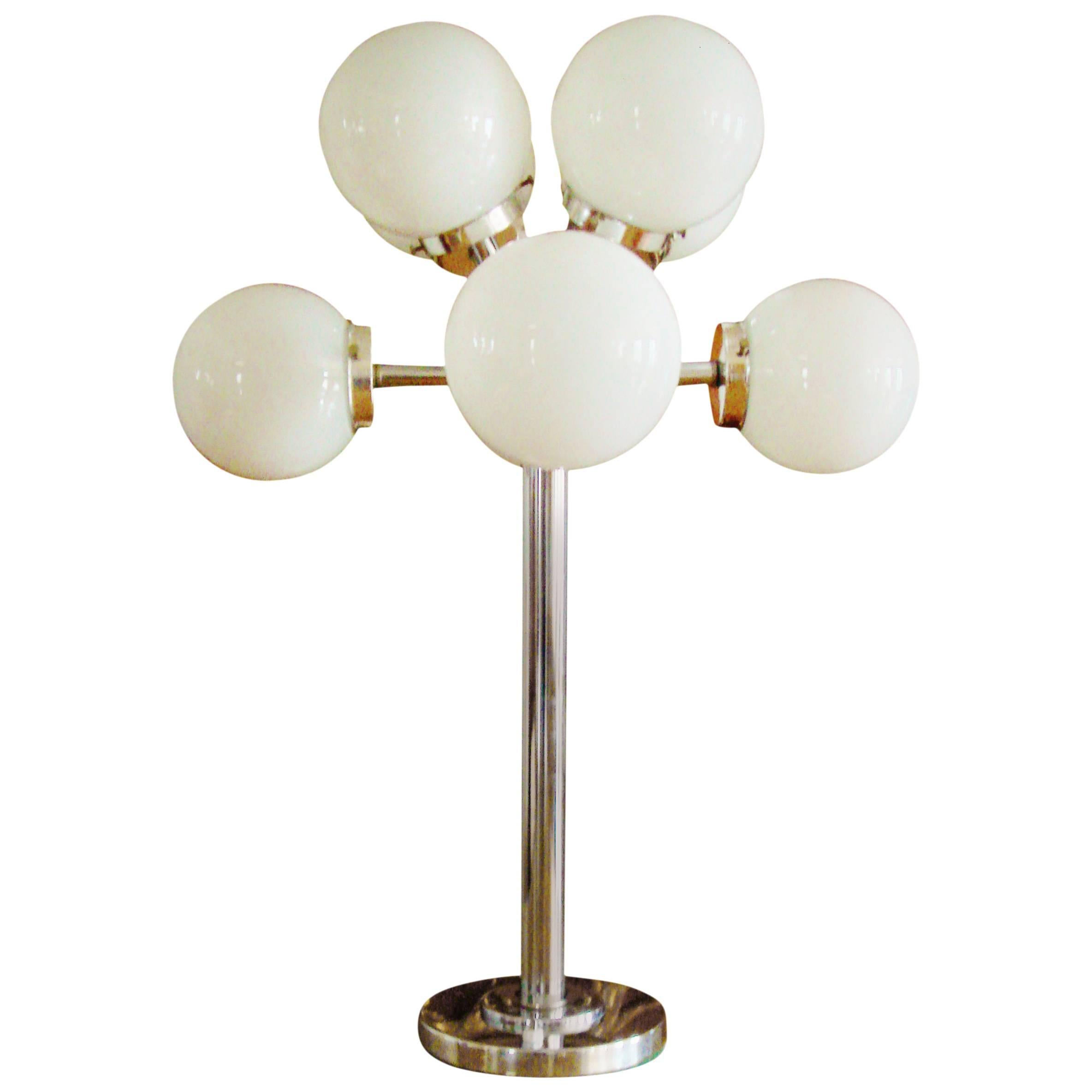 Monumental American Space Age Chrome Eight-Branch Table Lamp with Glass Globes For Sale