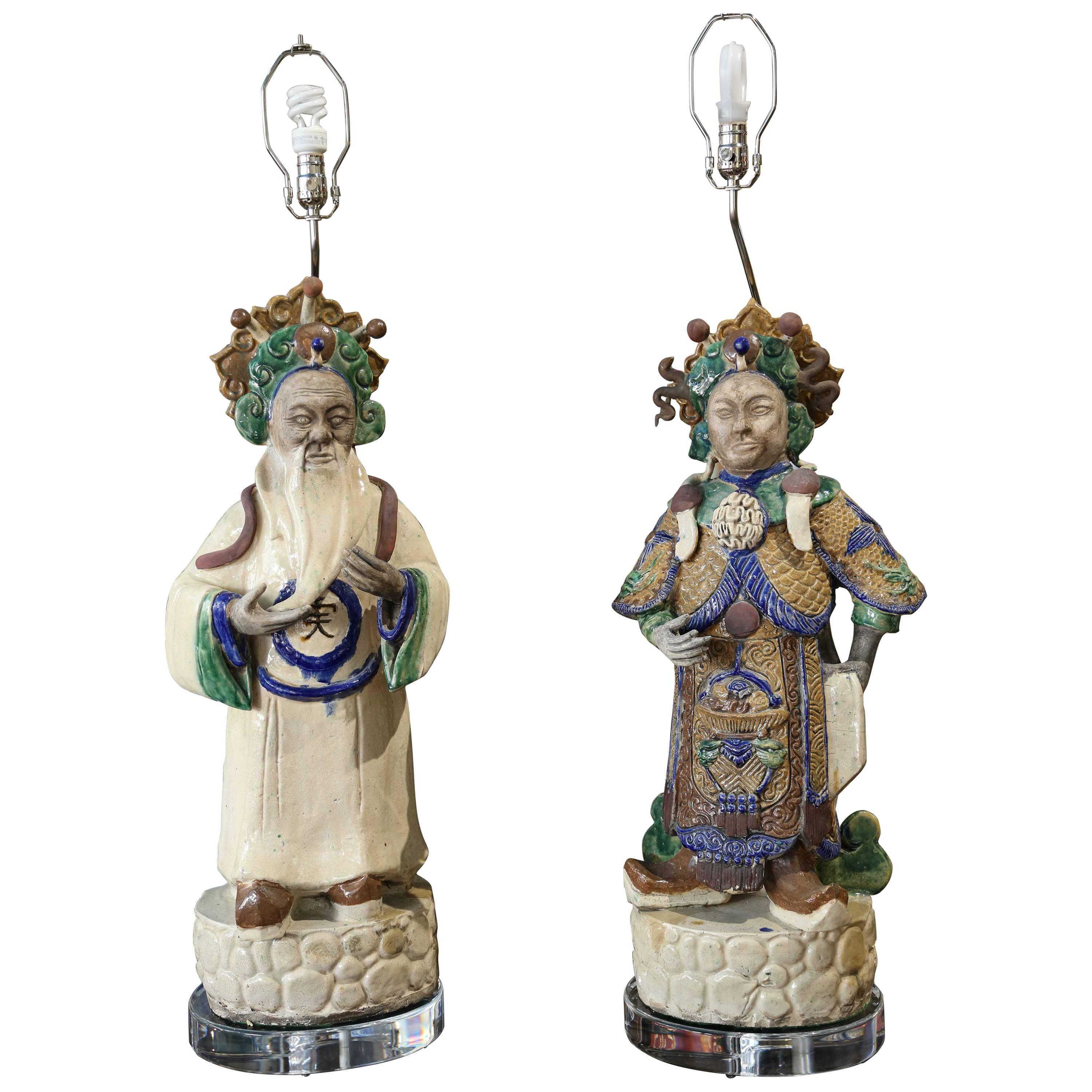 Grand Scale Pair of Tang Style Figural Lamps