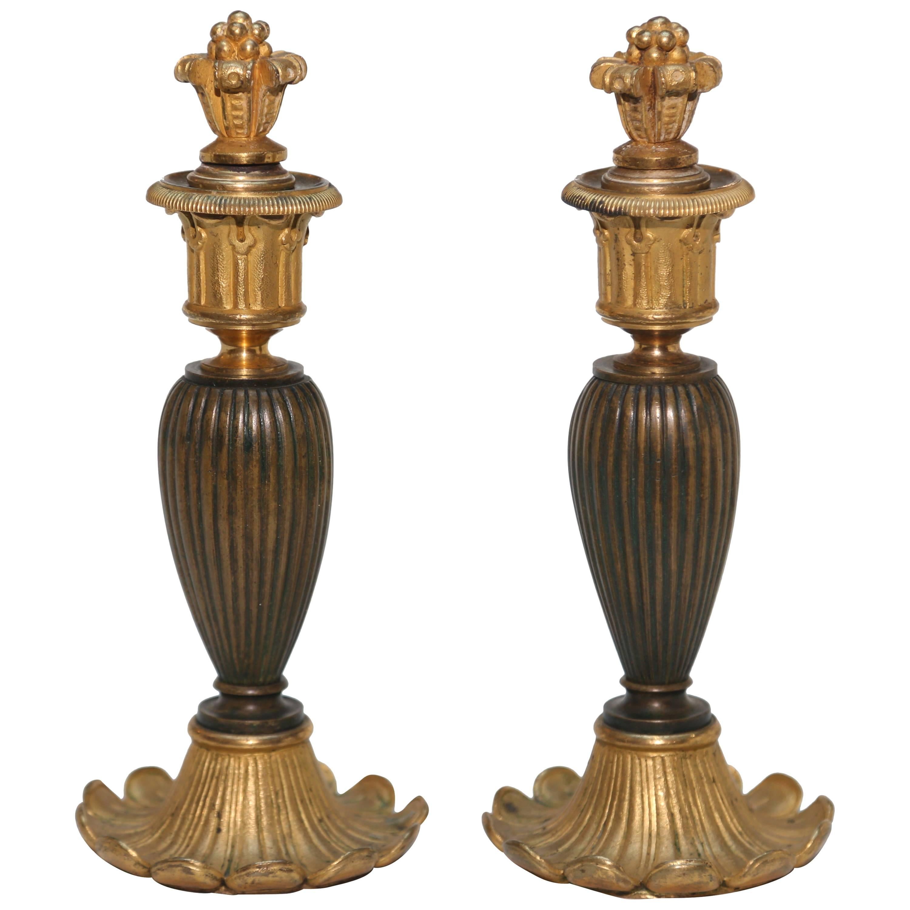 Fanciful 19th Century Bronze Candlesticks with Snuffers