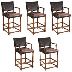 Set of Five Large Wooden Bar Stools in Black Hide Leather