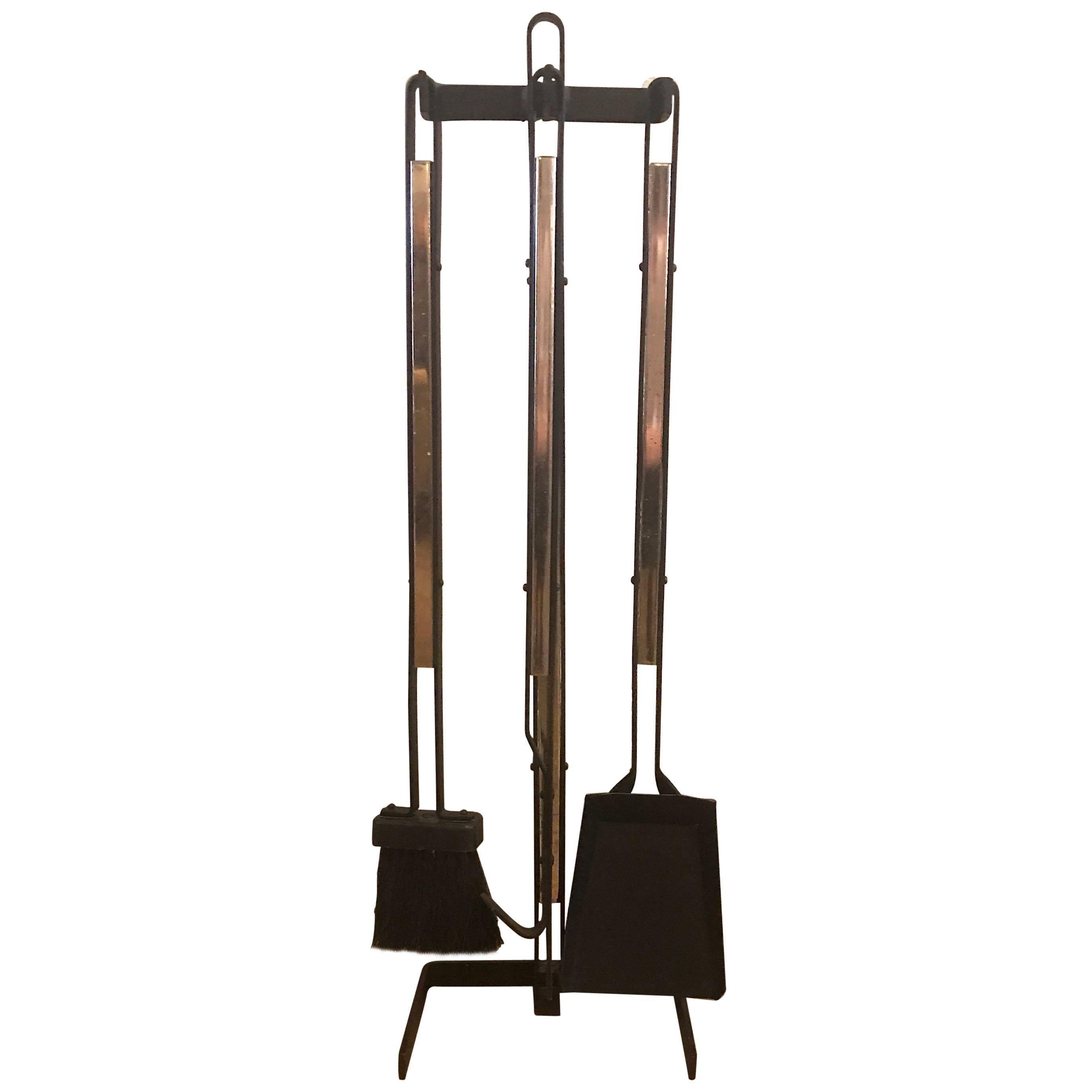 Wrought Iron and Brass Mid-Century Modern Fireplace Tools For Sale