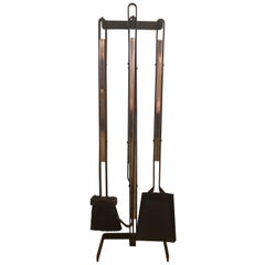 Wrought Iron and Brass Mid-Century Modern Fireplace Tools