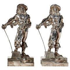 Pair of Silver Plate Buccaneer Pirate Figurine Bookends, 1930s