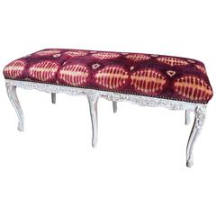 Louis XV Carved and Painted Bench, Silk Velvet Upholstery