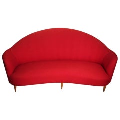 Mid-Century Red Curved Sofa 1950s Italian Design Wood Feet 