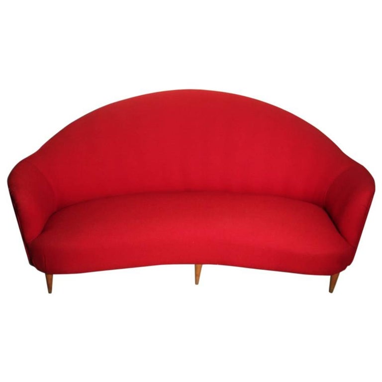 Mid Century Red Curved Sofa 1950s Italian Design Wood Feet For Curved Sofa 1950s Italian Design Wood