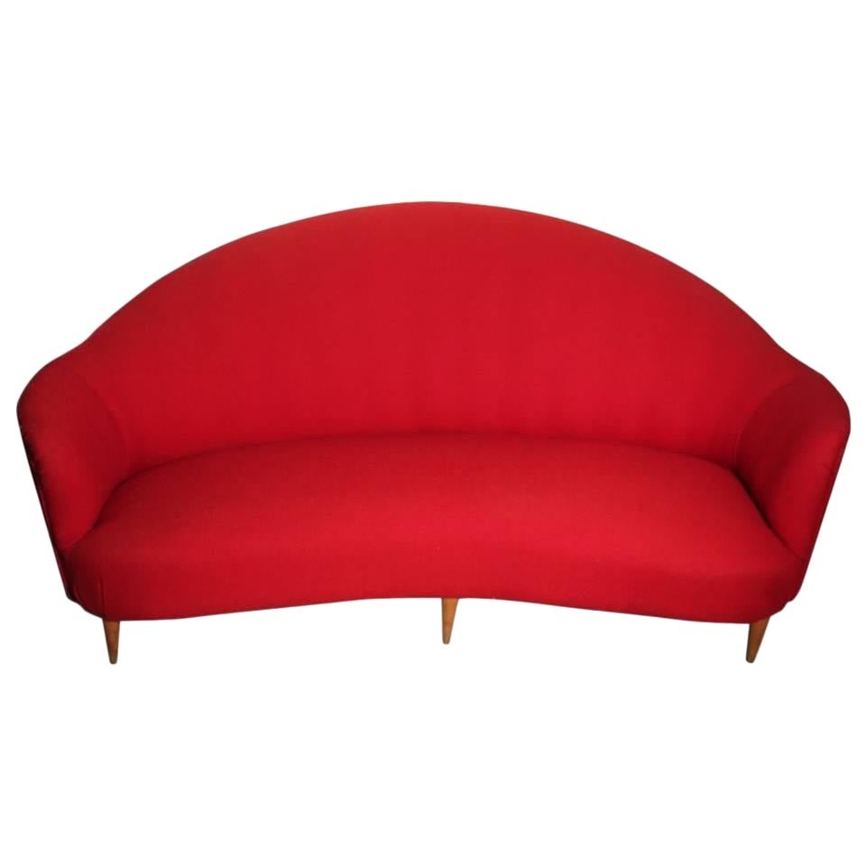 Mid-Century Red Curved Sofa 1950s Italian Design Wood Feet