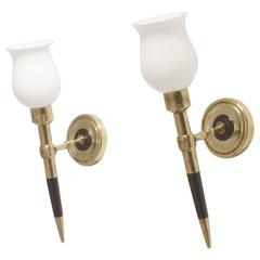 Pair of French Neoclassic Wood and Brass Wall Sconces Lamps by Maison Arlus 2