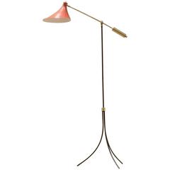 French Mid-Century Minimalist Design, Brass, Red and Black Tripod Floor Lamp