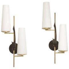 French Mid-Century Pair of Brass Opaline Glass Wall Sconce Lamps by Maison Arlus
