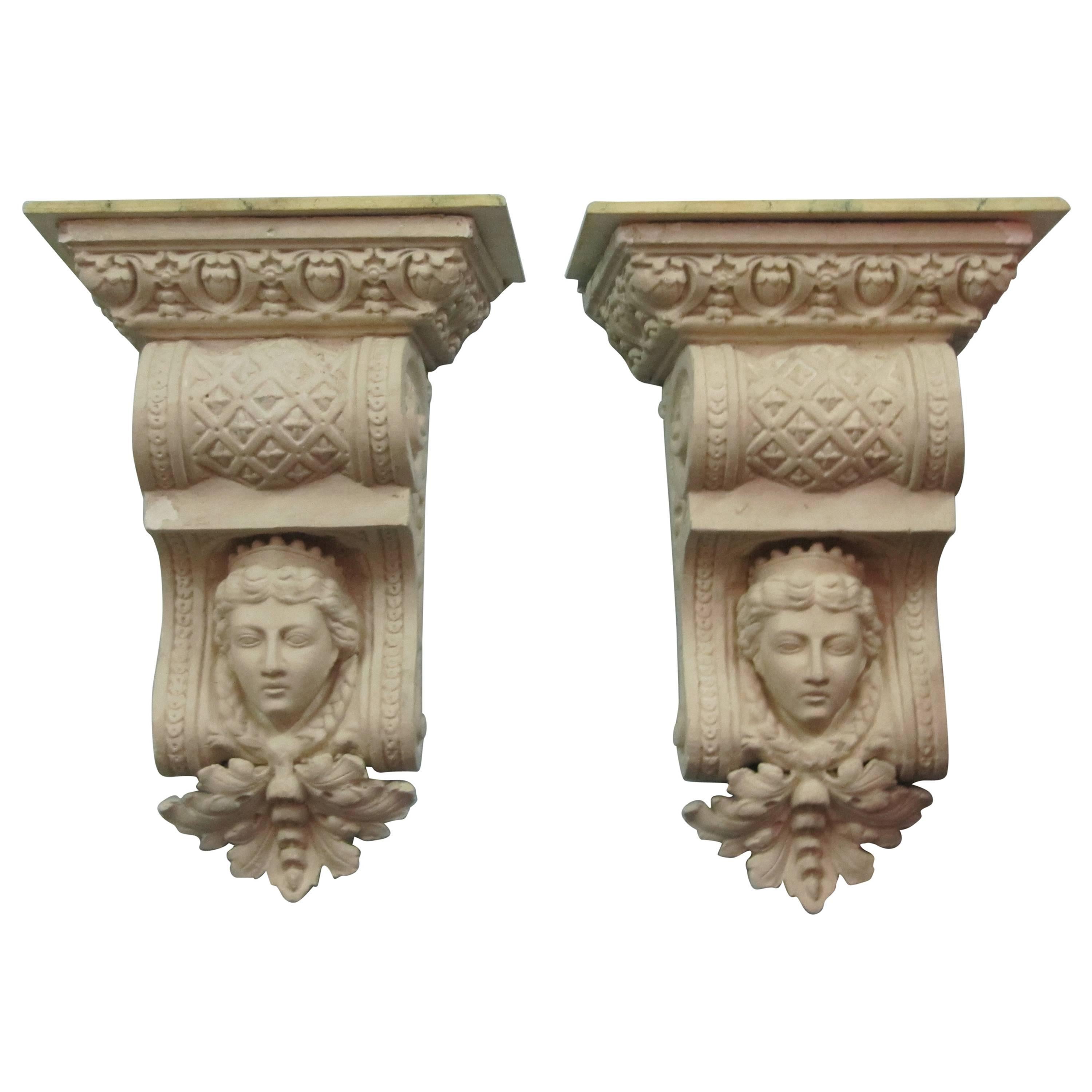 Large Architectural Corbel Wall Brackets with Classical Maiden Images For Sale