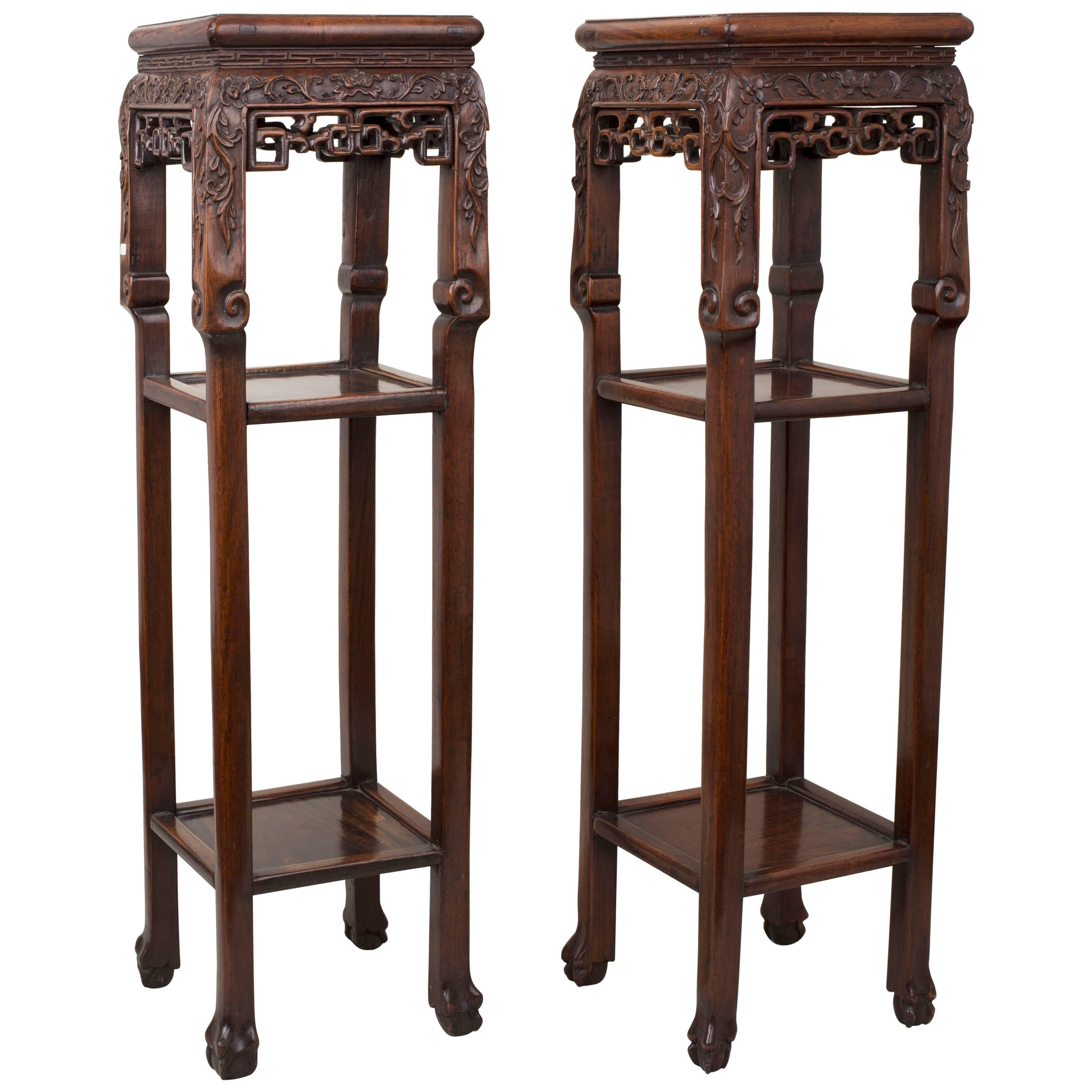 Pair of Chinese Black Wood Hong Mu Square Pedestal Tables, 19th Century For Sale