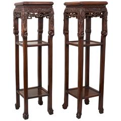 Pair of Chinese Black Wood Hong Mu Square Pedestal Tables, 19th Century