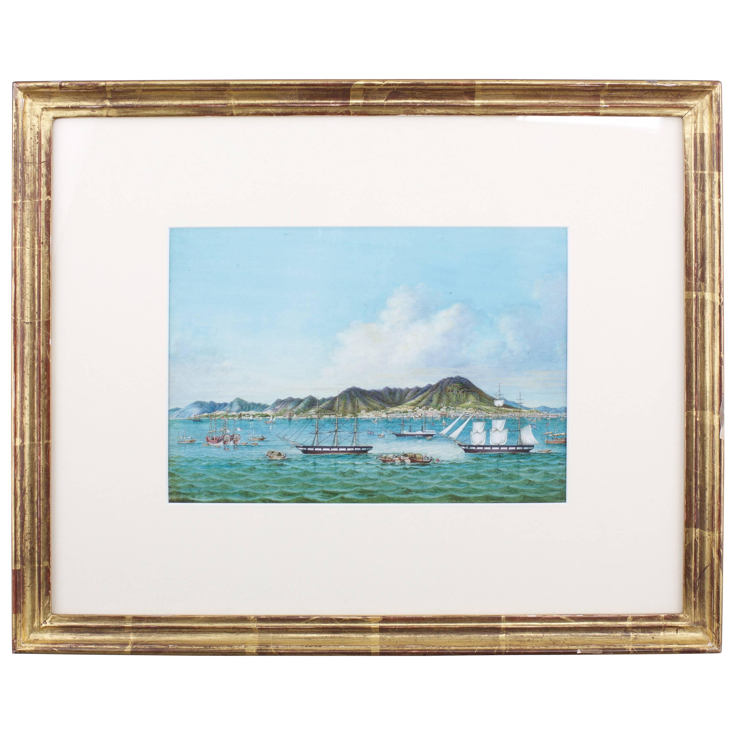 Gouache Painting of the View of Hong Kong with European Ships, circa 1850 For Sale