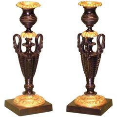 Pair of Regency Period Bronze and Ormolu Candlesticks with Swans 7