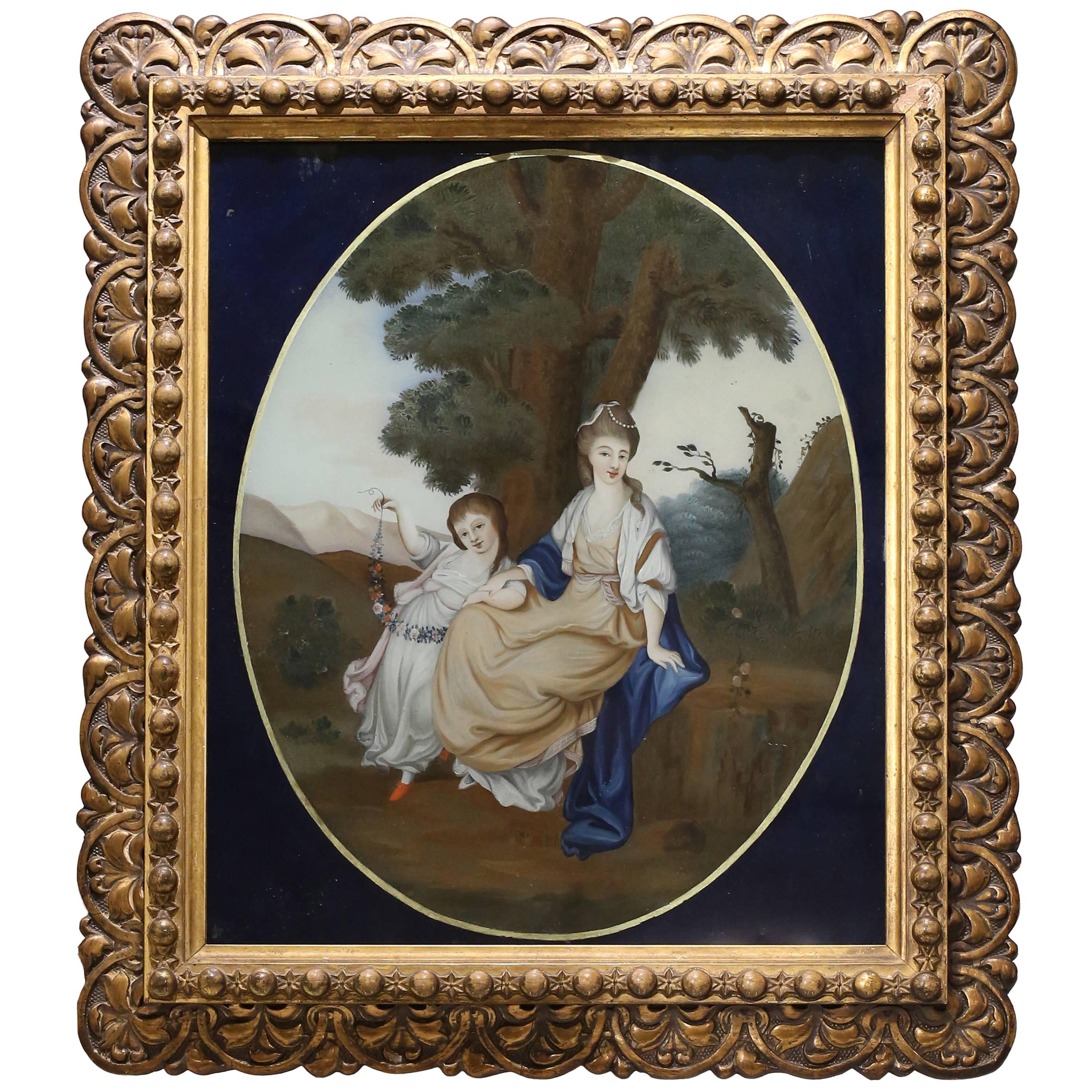 Chinese Reverse Glass Painting of a European Lady and Girl in a Landscape, 1800 For Sale