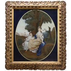 Antique Chinese Reverse Glass Painting of a European Lady and Girl in a Landscape, 1800