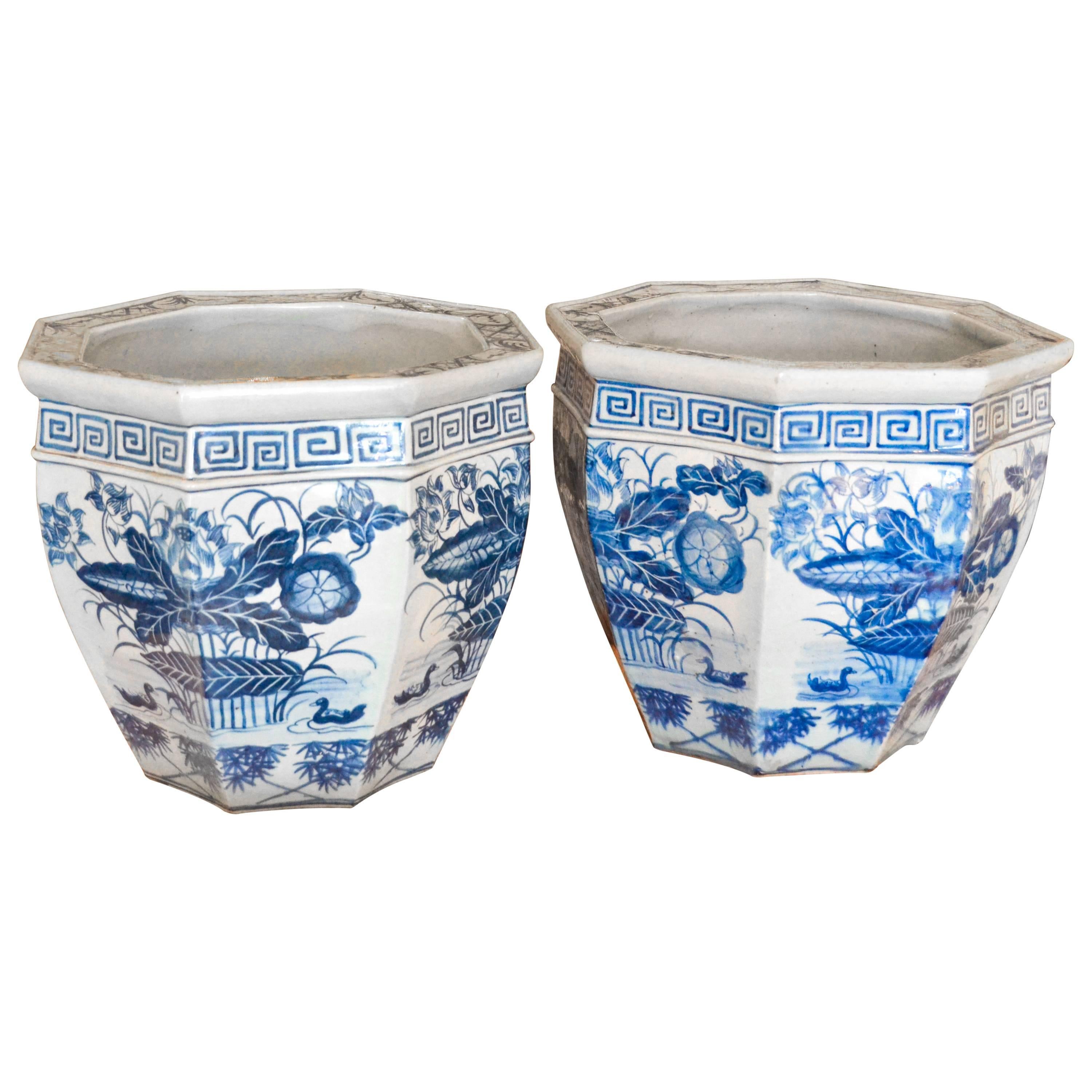 Pair of Blue and White Chinese Fish Bowls For Sale